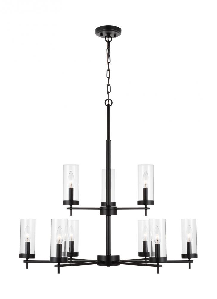 Zire dimmable indoor 9-light chandelier in a midnight black finish with clear glass shades