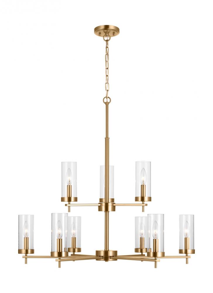 Zire dimmable indoor 9-light chandelier in a satin brass finish with clear glass shades